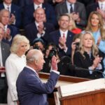 king charles and camilla waving to congress