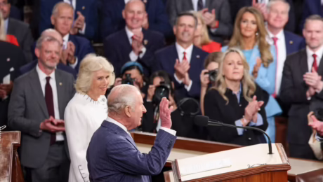 king charles and camilla waving to congress